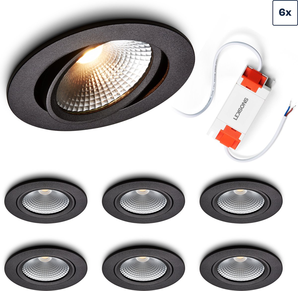 Ledisons LED inbouwspot Cormo set 6 stuks zwart dimbaar Ø100 mm 5 jaar garantie 2700K (extra warm-wit) 450 lumen 5 Watt IP54
