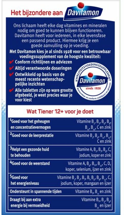 Zijkant verpakking Davitamon Tiener 12+ met uitleg over voordelen voor tieners.