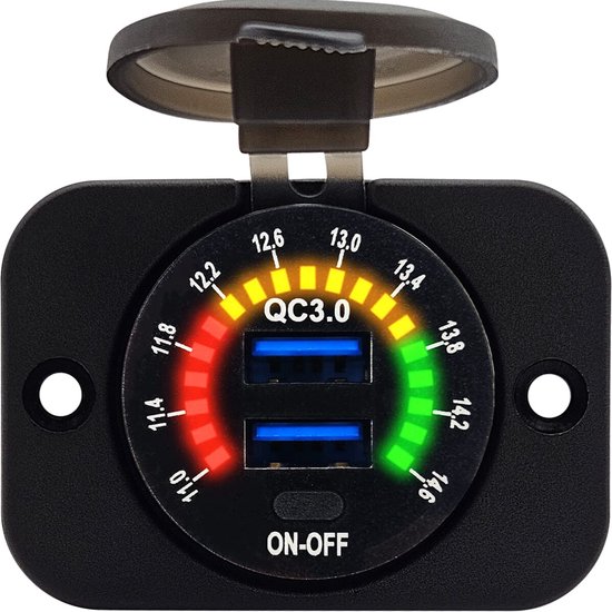 Foto: Proride 12v usb stopcontact 2 poorten inbouw met schakelaar voltmeter qc3 0 usb autolader boot en camper complete set