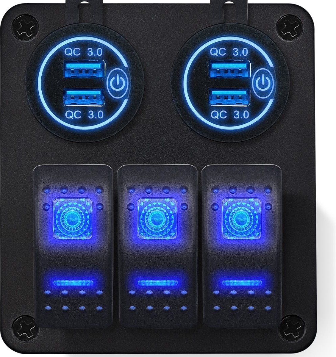 ProRide Schakelpaneel 12V voor Auto/Boot - USB Stopcontact 4 Poorten met Schakelaar - QC3.0 - PUSB1QC-B - 3 schakelaars - Blauw