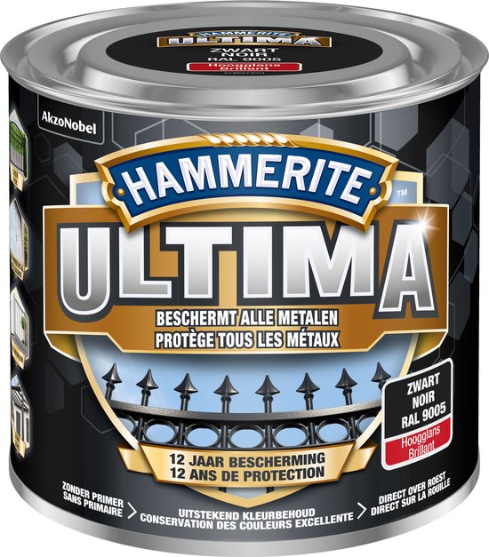 Hammerite Ultima hoogglans zwarte metaallak, 12 jaar bescherming, direct over roest en alle metalen.