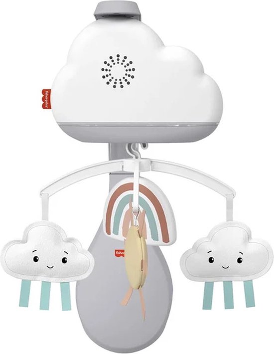 Witte muziekdoos in de vorm van een wolk met hangende regenboog en twee wolken met regenboogdetails.