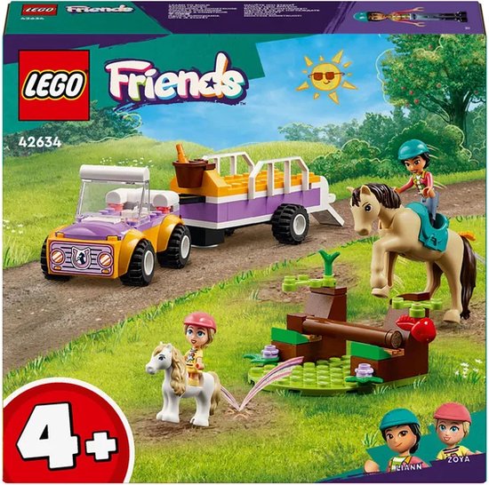 Voiture et remorque LEGO Friends violettes et jaunes, deux chevaux, un obstacle de saut et les figurines Lianna et Zoya.
