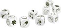 Set van negen witte Story Cubes met diverse reisthema's, zoals een cactus, regen en camera.