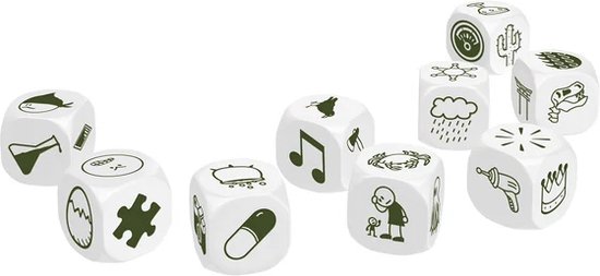 Set van negen witte Story Cubes met diverse reisthema's, zoals een cactus, regen en camera.