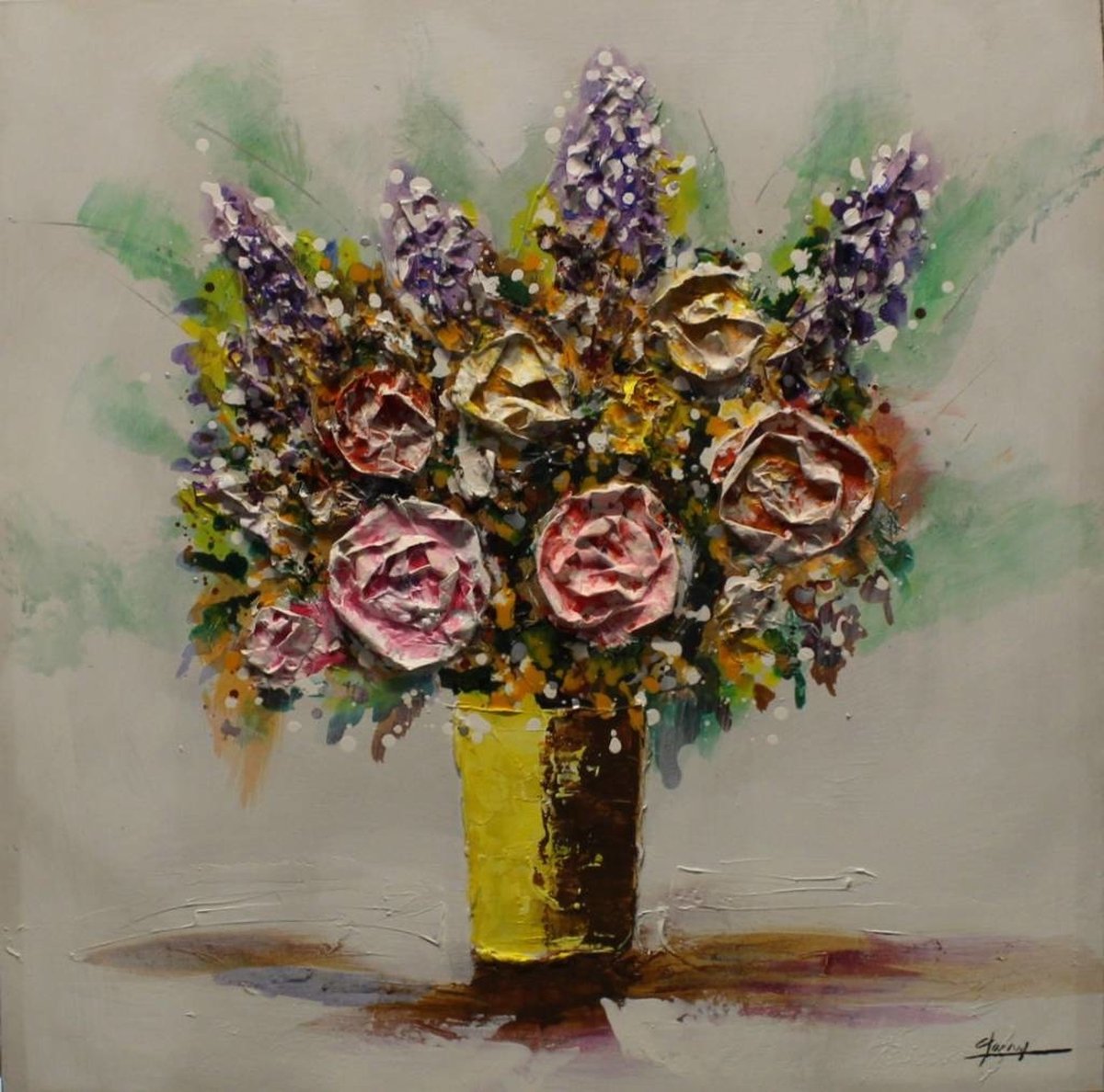 karo-art Schilderij - Handgeschilderd - Bos bloemen 80x80cm Multikleur
