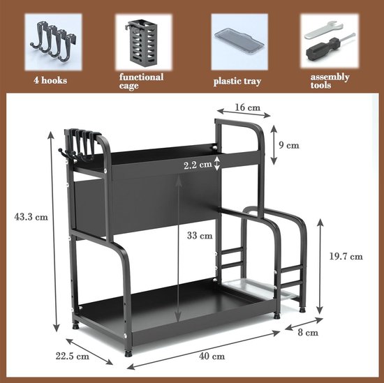 Fexplendid kruidenrek zwart staand, kruidenrek organizer, metaal, 63x49x22. 5cm, spice rack with utensil holder, voor keuken, kantoor, wasruimte(3 layers
