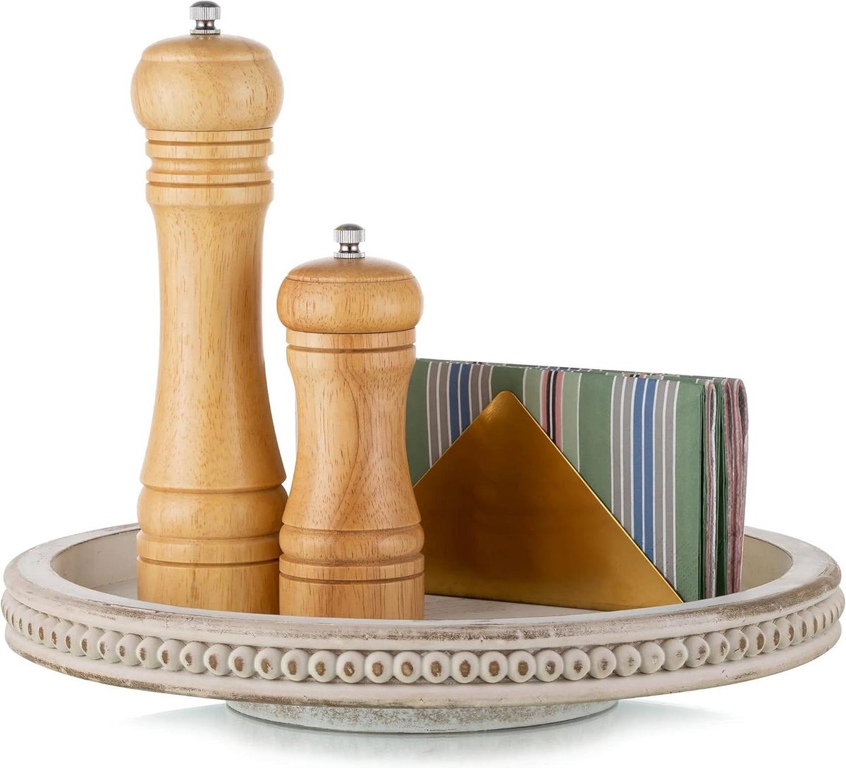 Witte Ronde Houten Lazy Susan Organizer Draaitafel - Decoratieve Keuken Teller Salontafel - Home Decor met Kralen Spice Spinner
