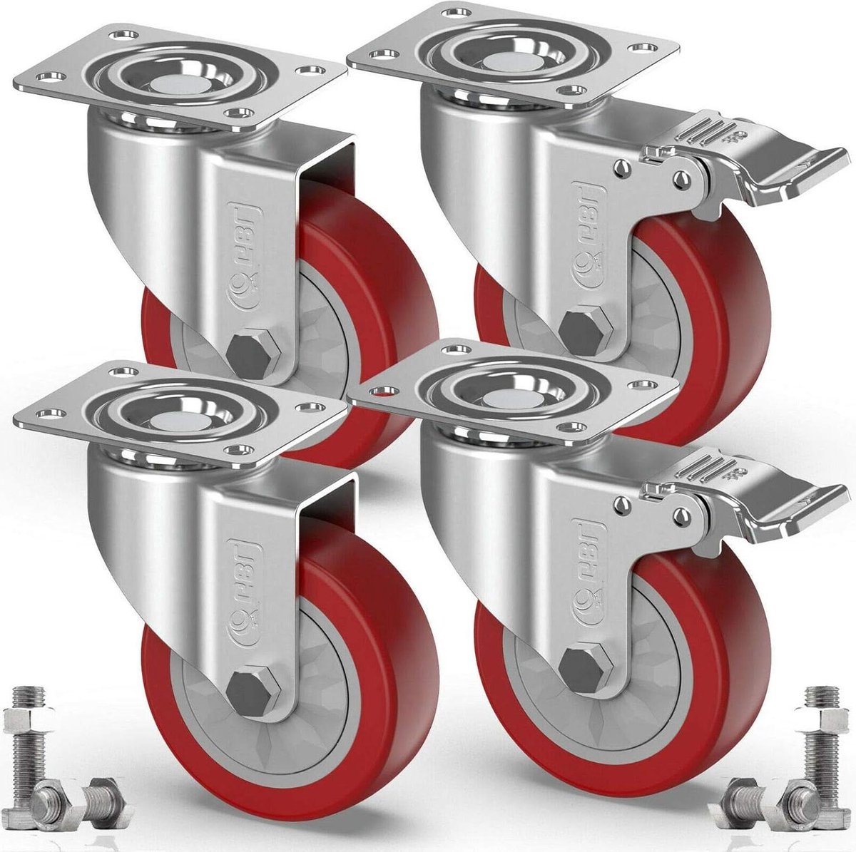 Zwenkwielen 100 mm 4 stuks met rem Draaibare wieltjes voor meubels tot 600 kg PU rubber Zilver met 16 bouten