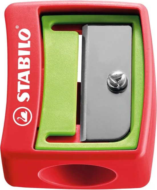 Rode STABILO puntenslijper met groene accenten en metalen mes