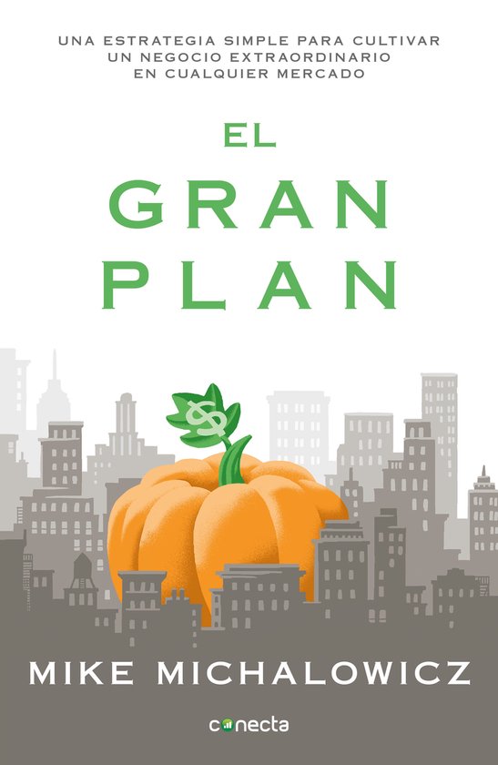 Boek met de titel 'El Gran Plan' in groene letters, met een oranje pompoen met een dollarsymbool erin.