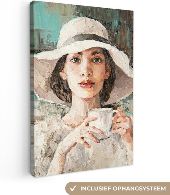 Foto: Canvas schilderij olieverf vrouw koffie hoed 80x120 cm schilderijen op canvas interieur