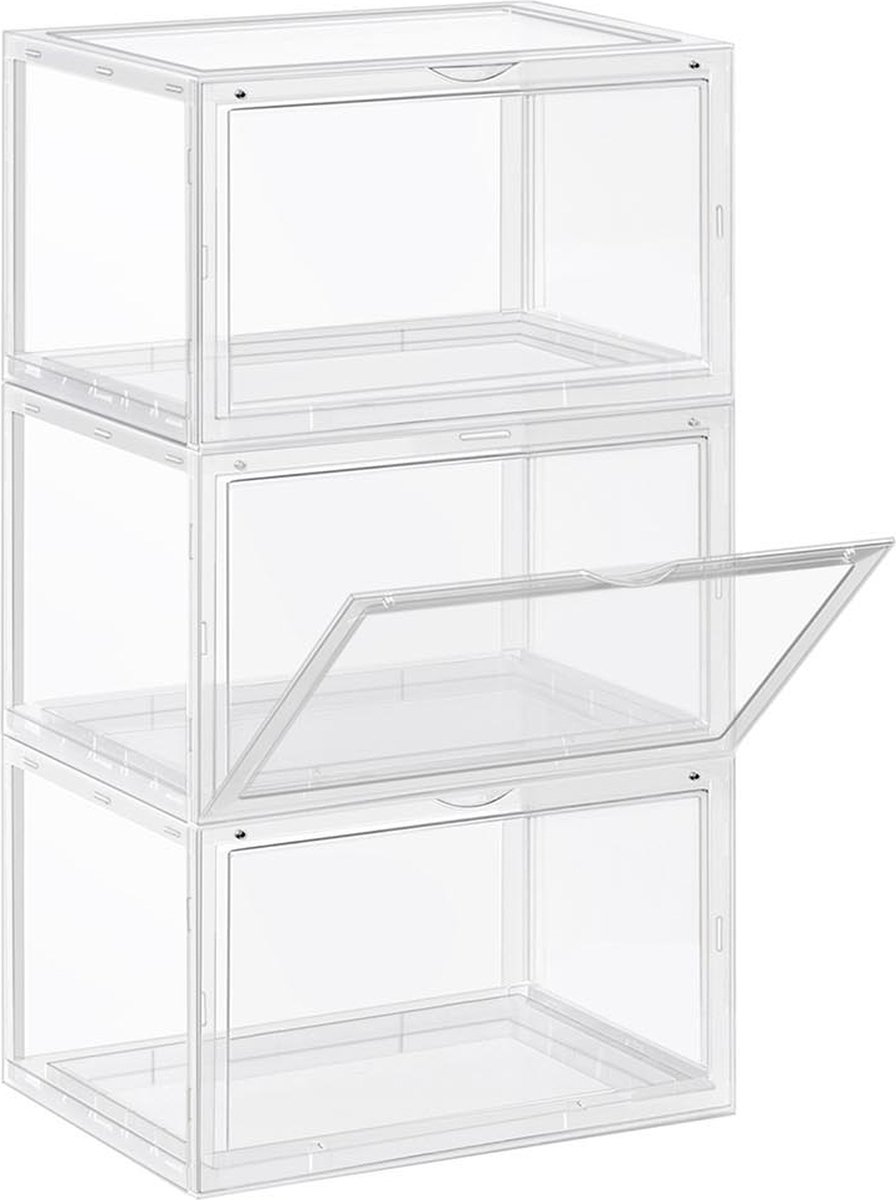 Hoppa! Schoenendoos, set van 3, stapelbare schoenenorganizer, plastic doos met transparante deur, schoenenopberger, voor schoenen tot maat 46, 36 x 28 x 22 cm, transparant LSP03CW