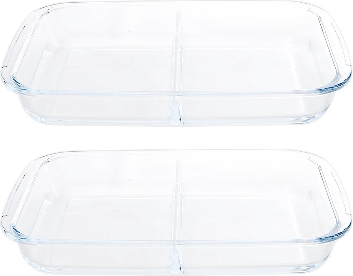 2x ovenschaal - 2-vaks - 3,2 liter - 34x21x5 cm - rechthoekig - glas - ovenschotel schalen