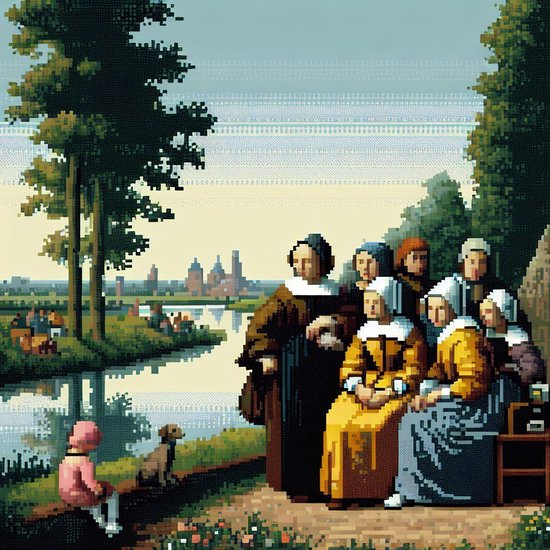 Pixel art vermeer artwork | Vermeer's Meesterwerk in Pixelvorm: Een Puzzel van Gouden Eeuwige Kunst | Kunst - 30x30 centimeter op Dibond | Foto op Dibond