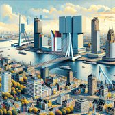 Acryl rotterdam schilderij | Rotterdamse skyline geregen met levendige kleuren en acrylverftechniek | Kunst - 80x80 centimeter op Dibond | Foto op Dibond