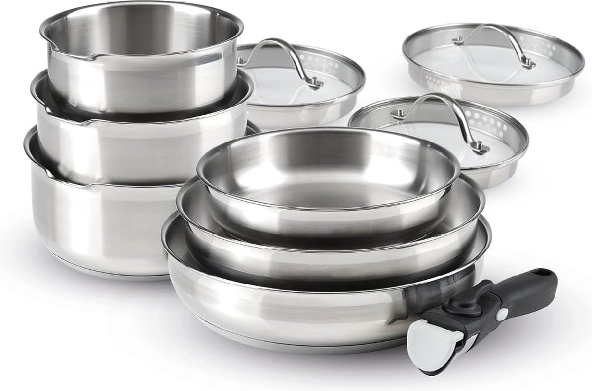 Set van 3 sauspannen in roestvrij staal + 3 braadpannen + 1 afneembaar handvat + 3 zeefdeksels met roestvrij stalen handvat - Zilver / Zwart / Transparant