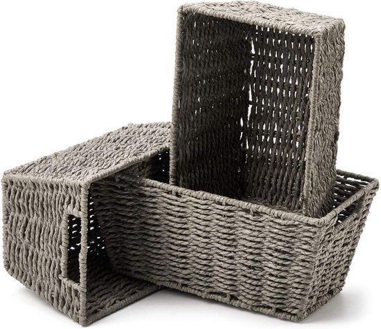 Set de 3 bacs à papier - gris - paniers de rangement en osier tissé avec poignées - EZOWare - panier de papier toilette conteneur organisateur multifonctionnel