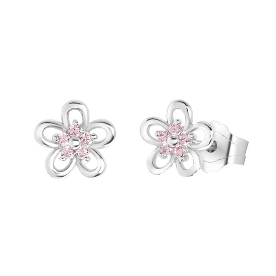 Boucles d'oreilles enfant en argent fleur avec zircone rose