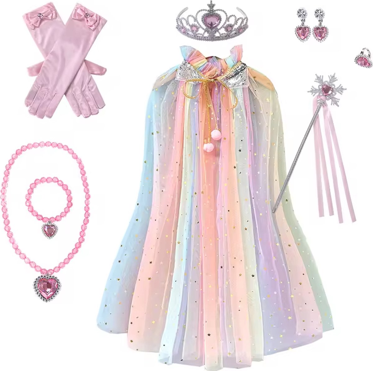 Joya Kids® Verkleedcape Accessoires Regenboog kleuren | Prinsessencape | Cape | Unicorn | Verkleedset | Carnvalskleding | Kroon, Staf, Handschoenen Sieradenset