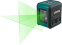 Groene kruislijnlaser van VONROC met twee horizontale en twee verticale lijnen.