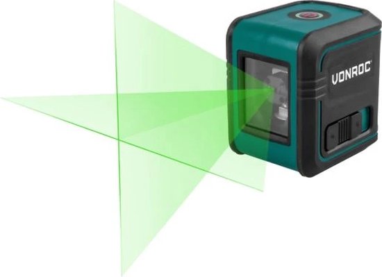 Groene kruislijnlaser van VONROC met twee horizontale en twee verticale lijnen.