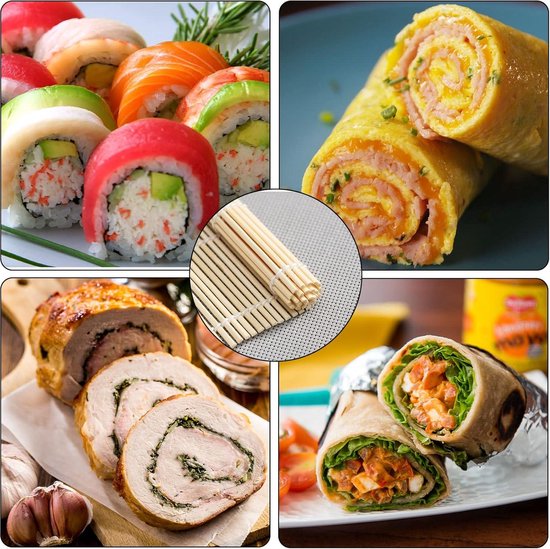 Collage van sushi, rolletjes, rollade en wraps.