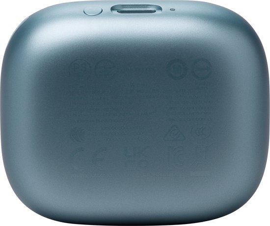 Blauw laadcase voor oordopjes met een glanzende afwerking en knop bovenaan.