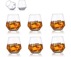 Whiskey glazen set van 6 - diamantvormig - water sap tumbler - gekanteld scotch glas - 300 ml whisky glas - modern look glaswerk - bourbon rum bar tumbler Image