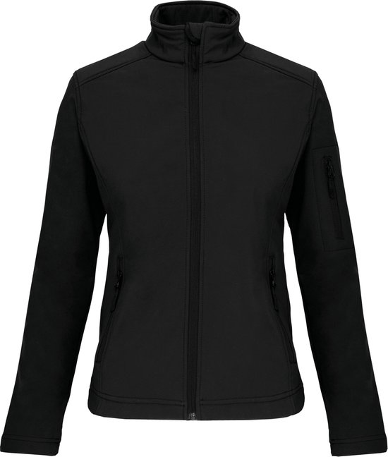 Veste softshell noire pour femme avec fermeture éclair et poche poitrine.
