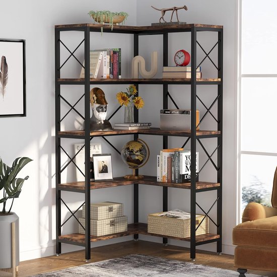 TRIBESIGNS - Bibliothèque - Bibliothèque d'angle avec 5 Planches - Industriel - Meuble d'angle - Marron/ Zwart - 80 x 80 x 167,5 cm