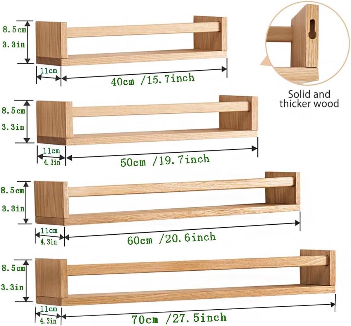 WOLTU Zwevende Boekenplanken Voor Kinderen – Set Van 3 Wandplanken Van Massief Hout – 50 Cm – Met Anti-Val Stang & Kralen – Montessori Wandplank Kinderkamer