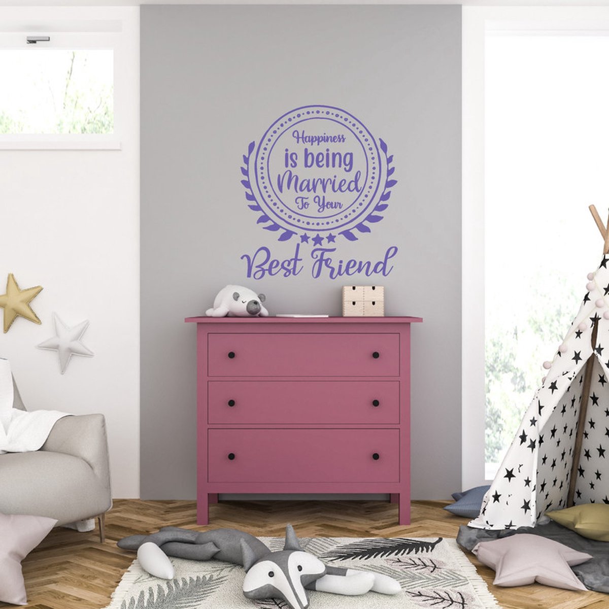 MC Living Muursticker - Happiness Is Being Married To You Best Friend - 46,4 x 51,2 - Paars