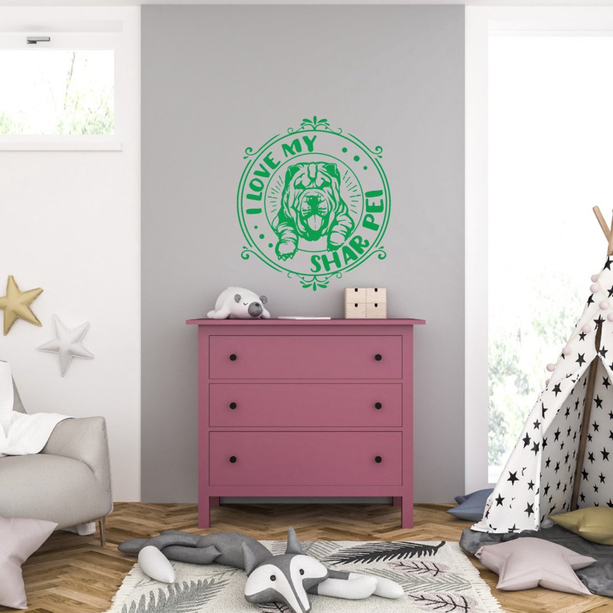 MC Living Muursticker - I Love My Shar Pei - 46,4 x 52,8 - Groen