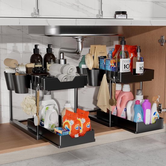 PolkaHome Metalen Opbergorganizer Onder De Gootsteen - 2 Niveaus Keukenorganizer Met Schuifbare Lade En Verbeterde Zuignappen Zwart