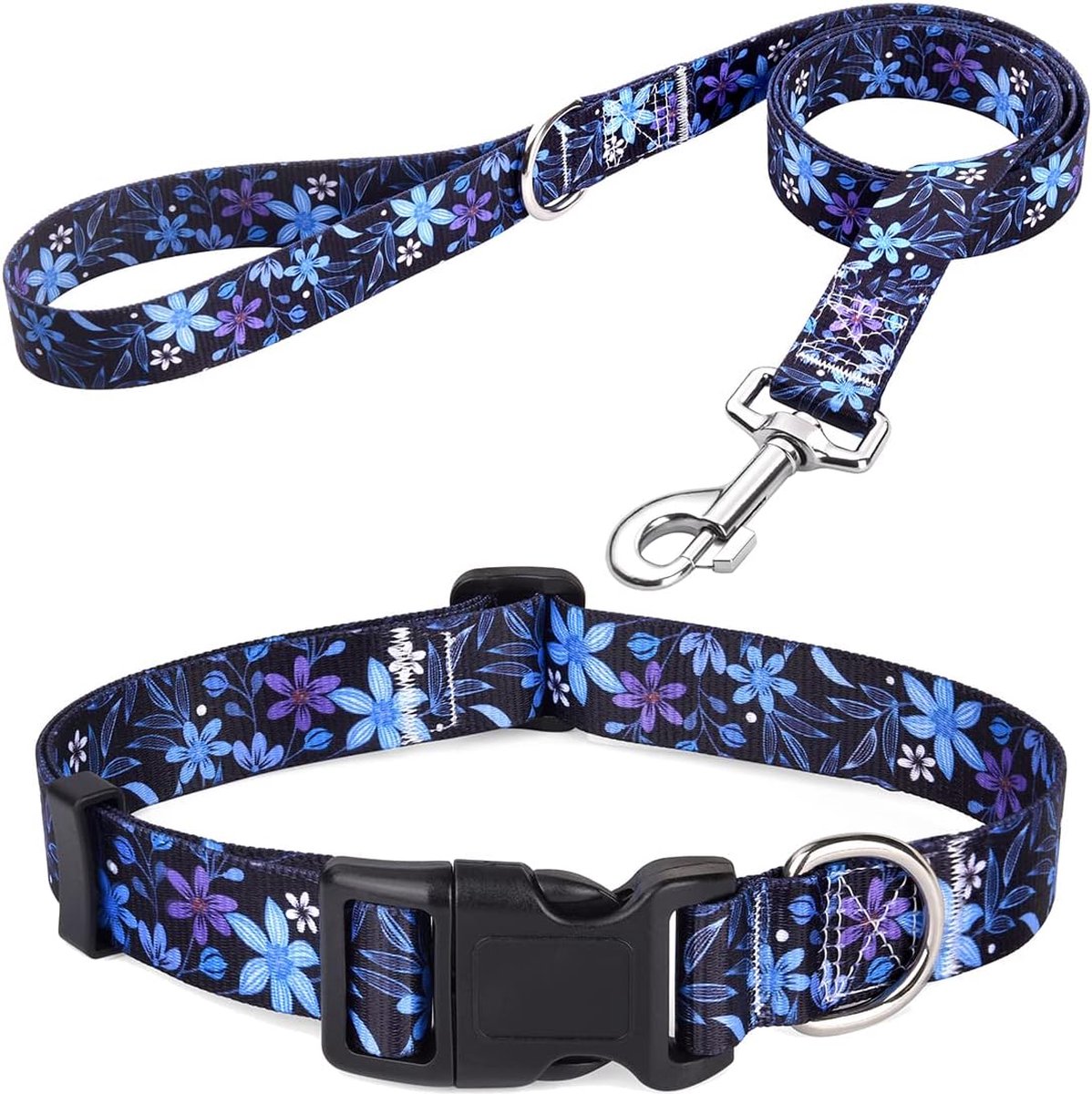 Halsband en lijnset, verstelbare, zachte en comfortabele nylon halsband voor kleine, middelgrote en grote honden, puppy's, katten (bloemblauwe set, L)