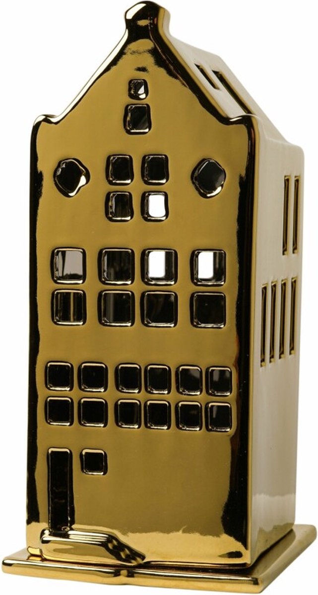 Heinen Delfts Blauw Waxinelichthouder huis - tuitgevel - goud - 17 cm