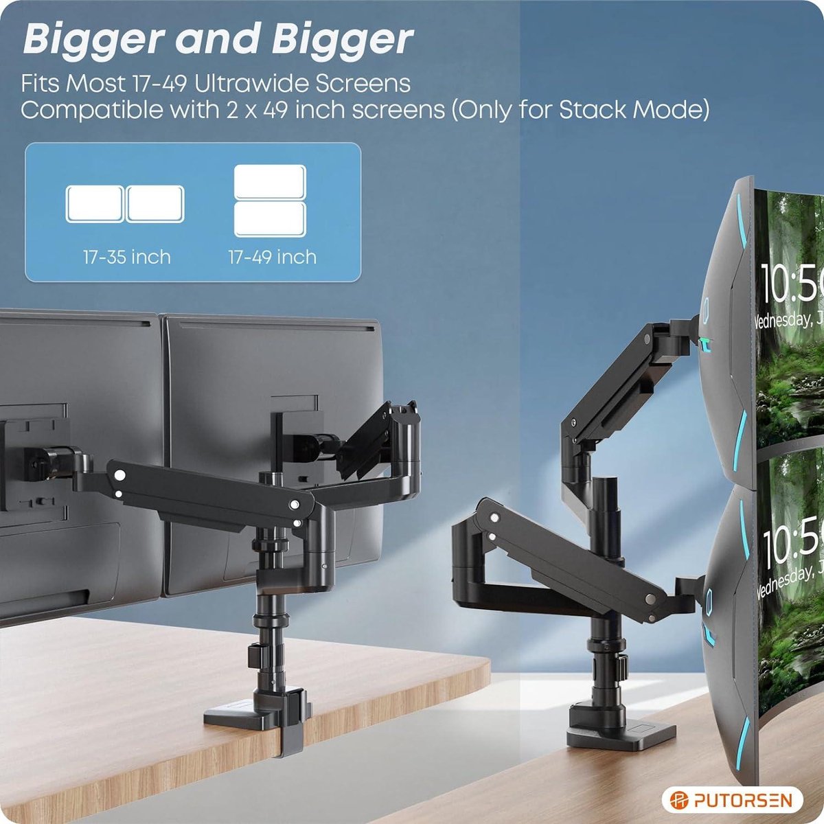 Monitorhouder 2 Monitoren Boven Elkaar voor 17-57 inch Schermen tot 20 kg Per Arm, PUTORSEN Monitorhouder voor Verticale/Parallelle Beeldschermen, Extra Lange Tafelhouder, VESA 75/100 mm, Wit Monitorhouder 2 Monitoren Boven Elkaar voor 17-57 inch Schermen tot 20 kg Per Arm, PUTORSEN Monitorhouder voor Verticale/Parallelle Beeldschermen, Extra Lange Tafelhouder, VESA 75/100 mm, Wit