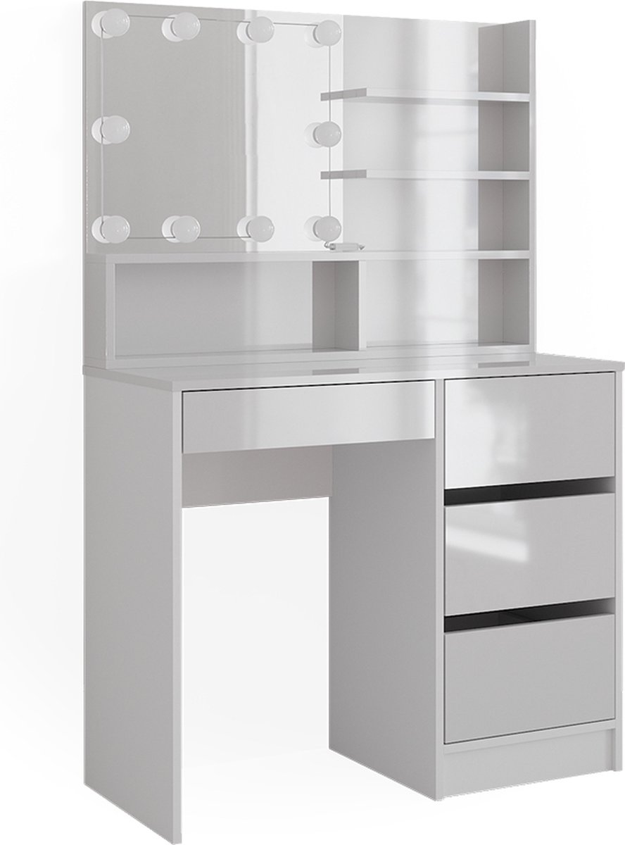 Vicco Kaptafel met licht Sherry, Wit, 90 cm met spiegelrek en LED-lichtslinger