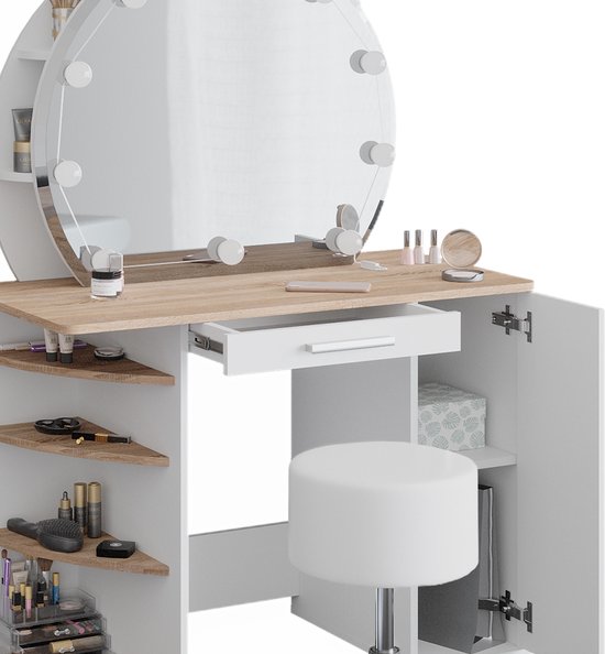 Vicco Kaptafel set met kruk Ruby, Wit, 100 cm met LED-verlichting en kruk