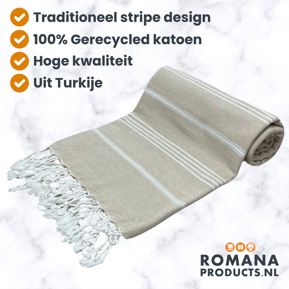 Romana Products Stripe Hamamdoek - Baddoek - Strandlaken - Saunalaken - 100cm x 180cm - Beige