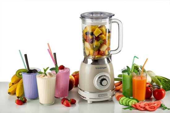 KitchenApp Retro Blender 1.5L - Glazen Kan - 800W - Crushed Ice Smoothie Pulse Beige