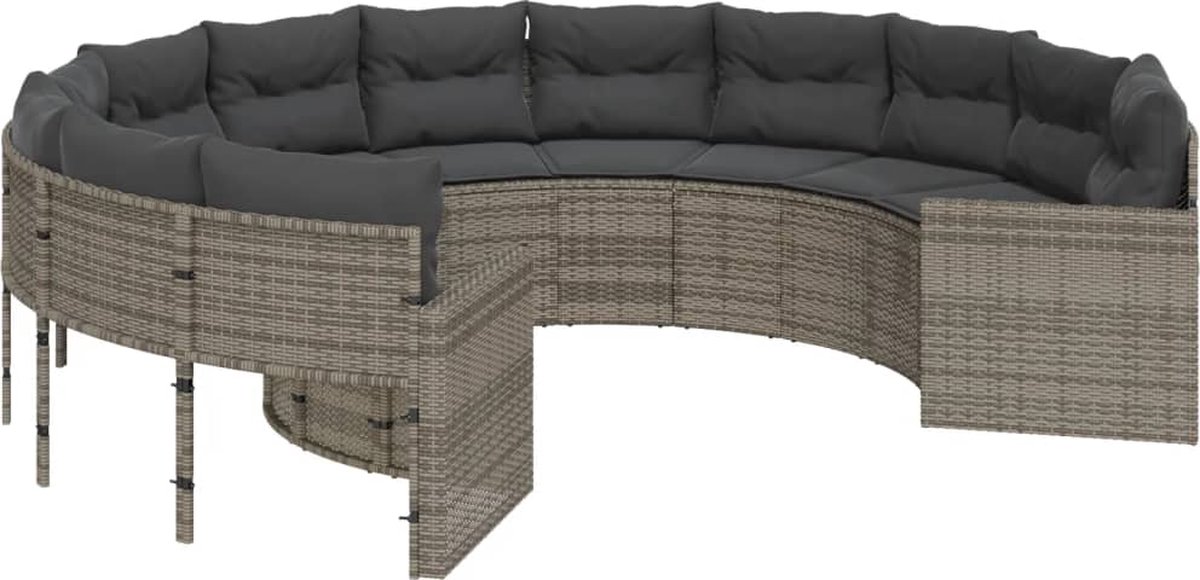 vidaXL - Tuinbank - met - kussens - rond - poly - rattan - grijs