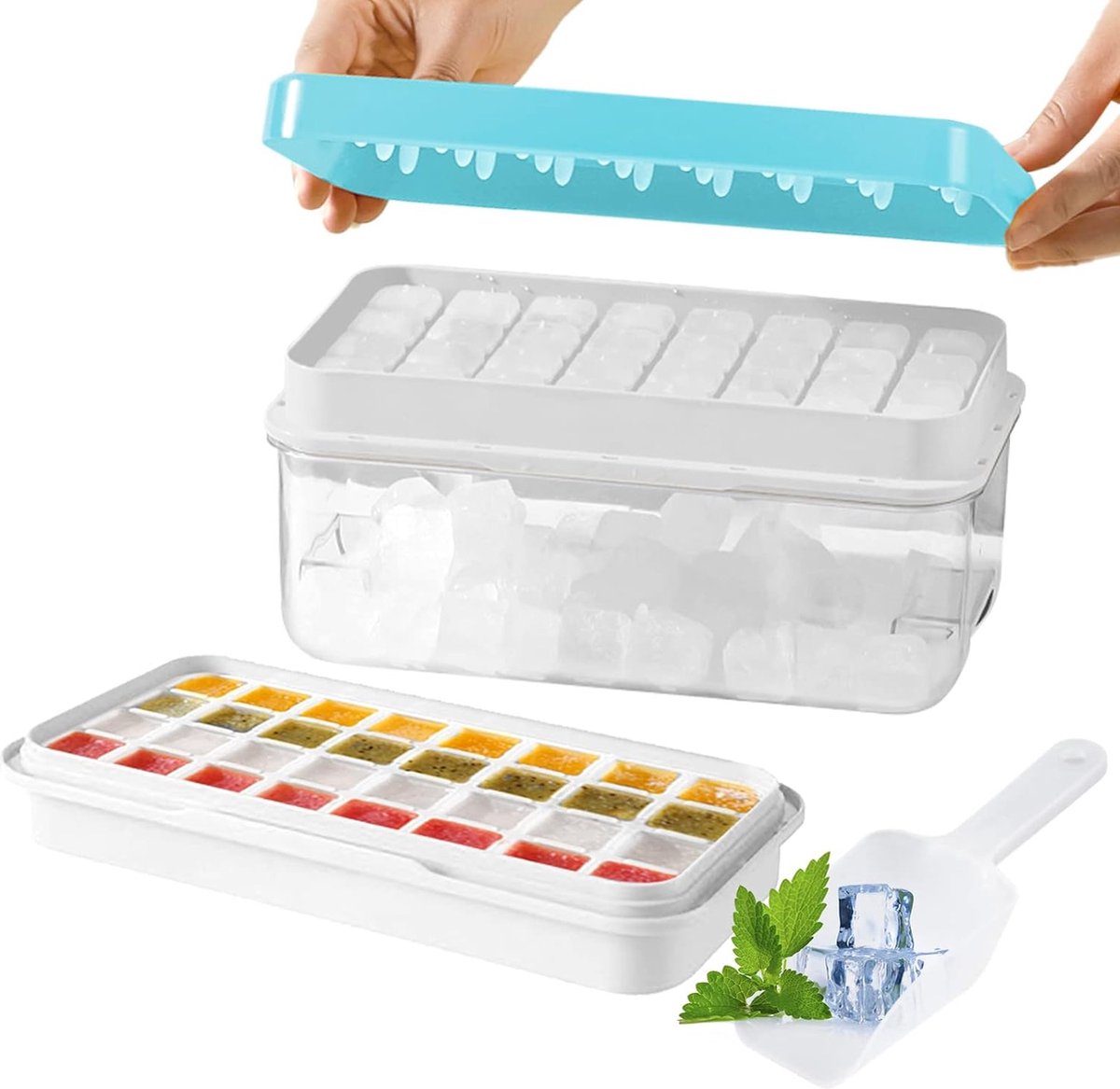 IJsblokjeshouder met deksel Siliconen ijsblokjeshouder Grote ijsblokjeshouder 32 ijsblokjeshouders voor whisky cocktails koffie gelei en babyvoeding (met ijsbox ijsschep en ijslade) (blauw)