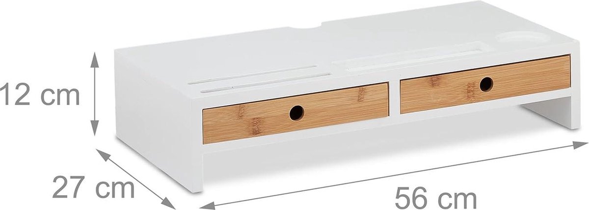 Relaxdays monitorstandaard met opberglades, beeldschermverhoger, bamboe & mdf, 2 lades, 9 vakken, 11x58,5x32,5 cm, wit