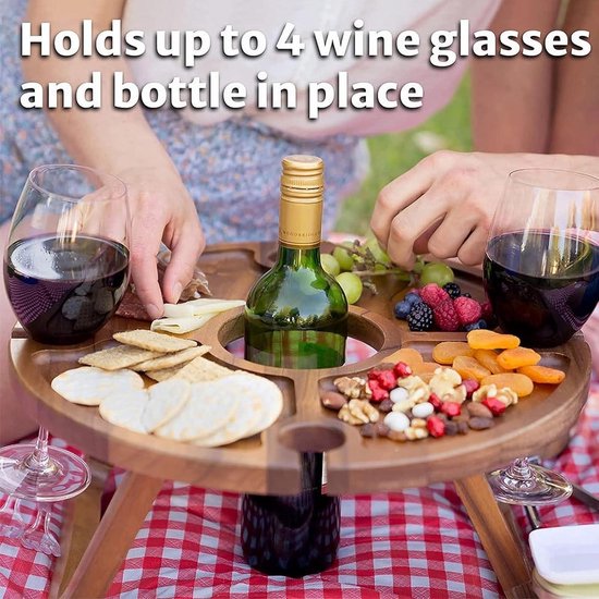 2-in-1 opvouwbare picknickmandtafel, opvouwbare picknicktafel met wijnglashouder, draagbare houten tafel voor buiten, converteerbare houten opbergmand, geschikt voor picknick, buiten