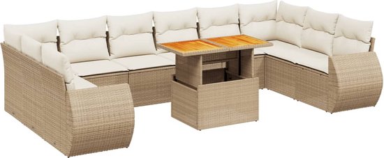 vidaXL - 11-delige - Tuinset - met - kussens - poly - rattan - beige