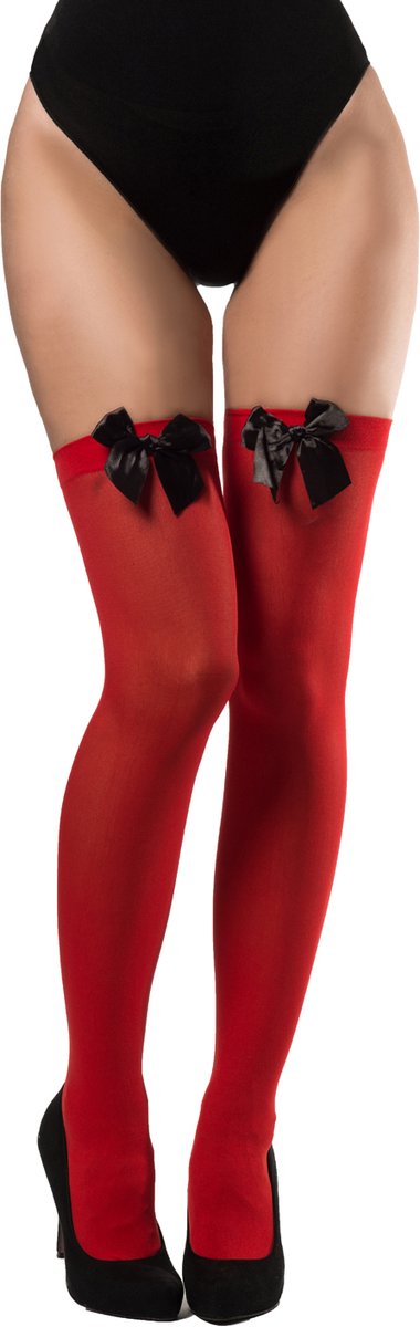 Partychimp Voordeelverpakking 6 pack Kousen Met Strik Dames Carnavalskleding Dames Carnaval Accessoires Oktoberfest Dames - Polyester - Rood/zwart – One-size – 6 pack