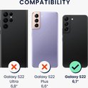 Drie Samsung telefoons: S22 Ultra, S22 Plus en S22 6,1". S22 Ultra en S22 Plus hebben een rode kruis, S22 6,1" heeft een groen vinkje.