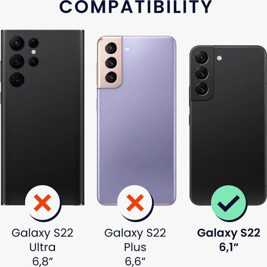 Drie Samsung telefoons: S22 Ultra, S22 Plus en S22 6,1". S22 Ultra en S22 Plus hebben een rode kruis, S22 6,1" heeft een groen vinkje.